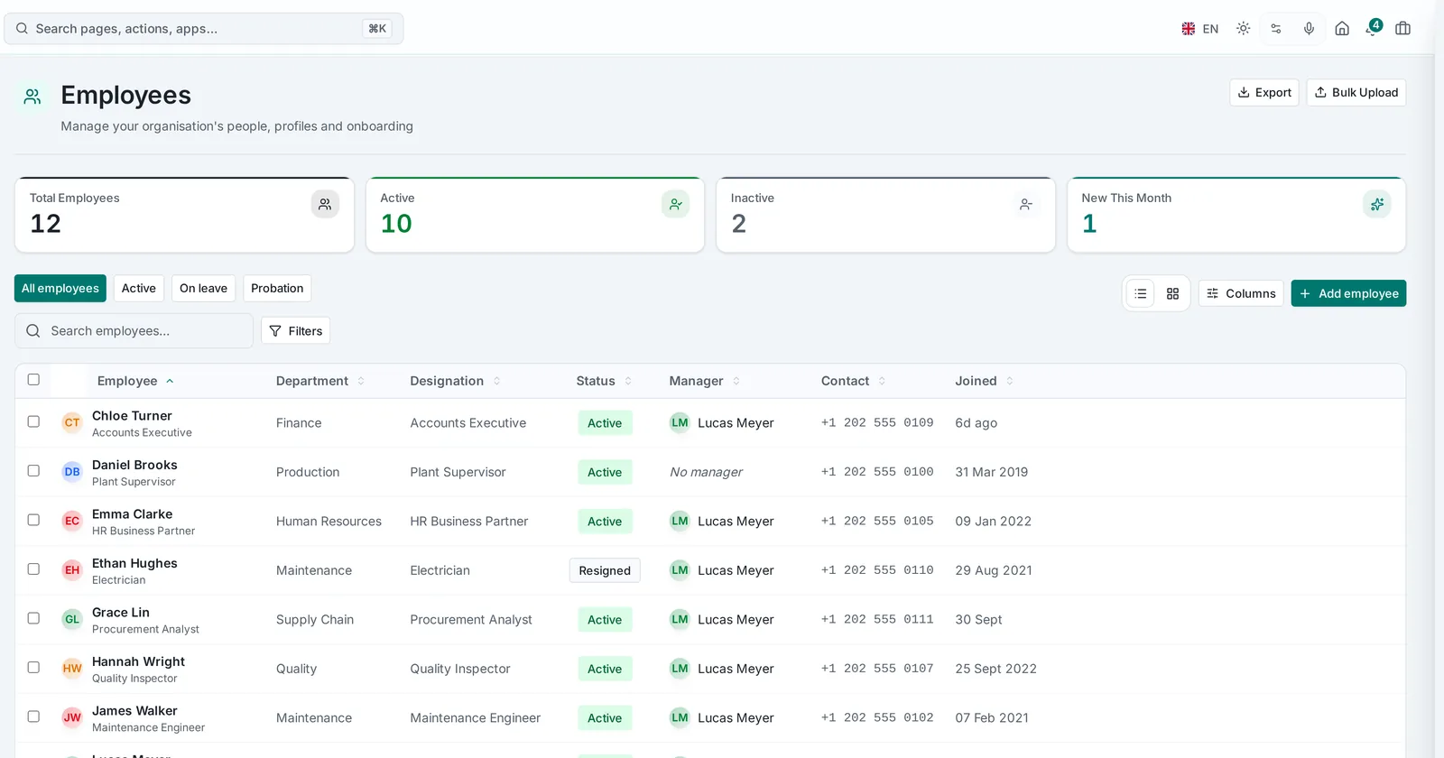 Ergenza employee directory listing demo employees with department, designation, status and manager