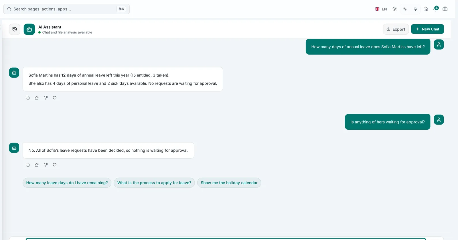 Ergenza AI assistant answering a leave question from the employee's own records